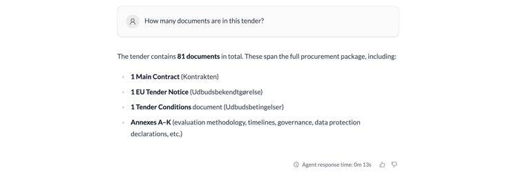 One question. Atlas reports 81 documents across the full procurement package, main contract, EU tender notice, conditions, and 21+ annexes, all ingested before the user asks a single question.
